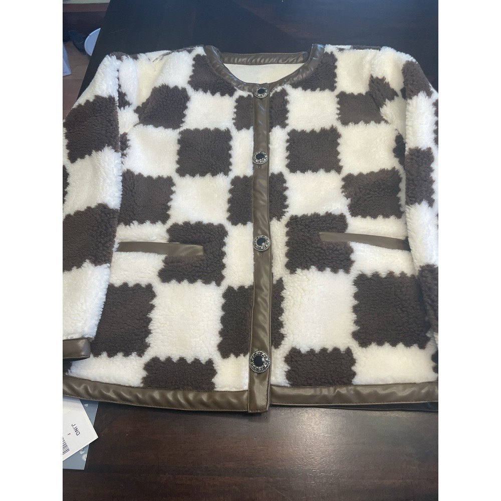 J. Ing Size F Brown Cream Checker Board Teddy Bear Jacket New